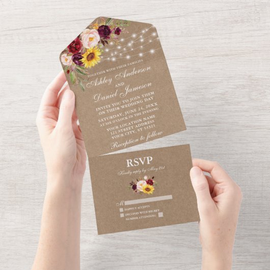 Invitation Tout En Un Mariage Rustique Mixte Flore Éclairages Kraft (Déchirure)