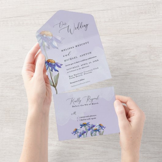 Invitation Tout En Un Mariage rustique moderne avec marguerites violette (Déchirure)