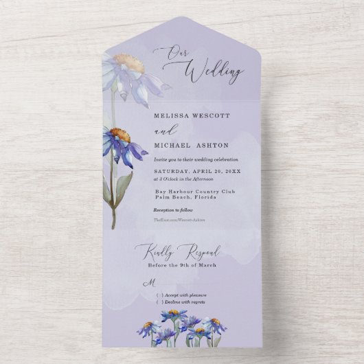 Invitation Tout En Un Mariage rustique moderne avec marguerites violette (À l'intérieur)