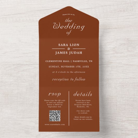 Invitation Tout En Un Mariage rustique moderne en terre cuite (À l'intérieur)