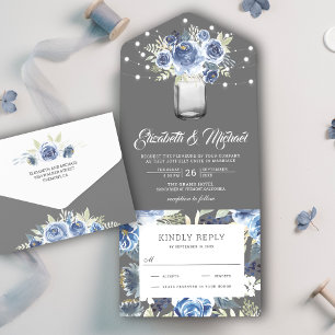 Invitation Tout En Un Mariage Rustique Pot Mason Fleur Bleu Gris Poussié