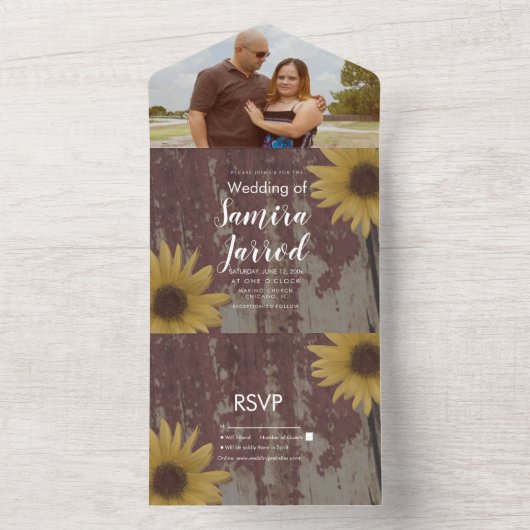 Invitation Tout En Un Mariage Rustique Sunflower Wood Grain (À l'intérieur)