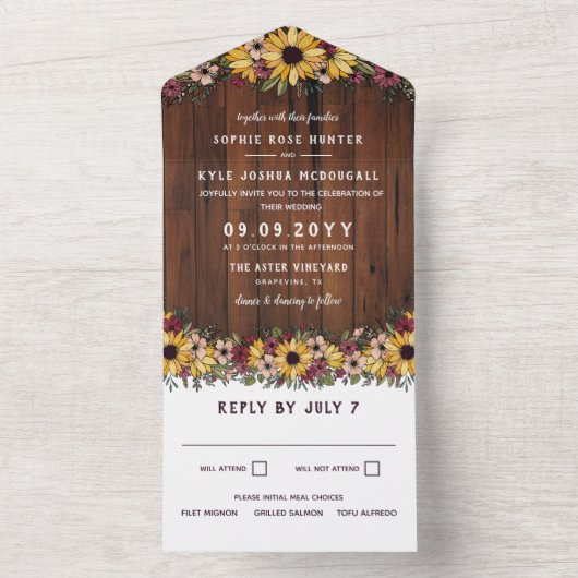 Invitation Tout En Un Mariage Rustique Sunflower Wood Grain (À l'intérieur)