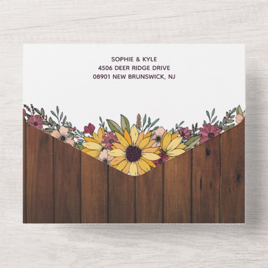 Invitation Tout En Un Mariage Rustique Sunflower Wood Grain (Verso)