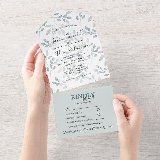 Invitation Tout En Un Mariage Rustique Vert Sauge Eucalyptus (Déchirure)
