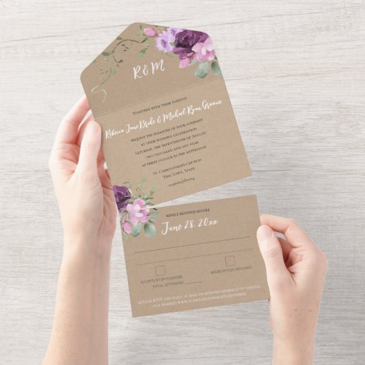 Invitation Tout En Un Mariage rustique violet et de sable (Déchirure)