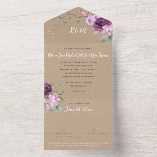 Invitation Tout En Un Mariage rustique violet et de sable (À l'intérieur)