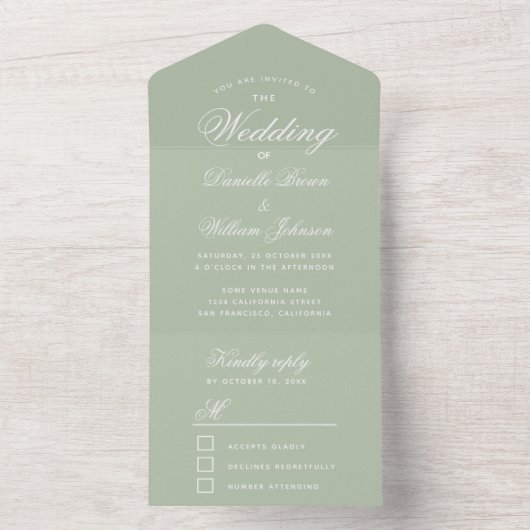 Invitation Tout En Un Mariage Sage Green Élégant Script Calligraphie RSV (À l'intérieur)