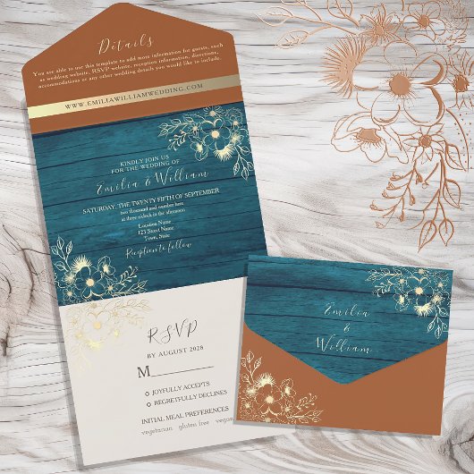 Invitation Tout En Un Mariage Sarcelle et Terracotta