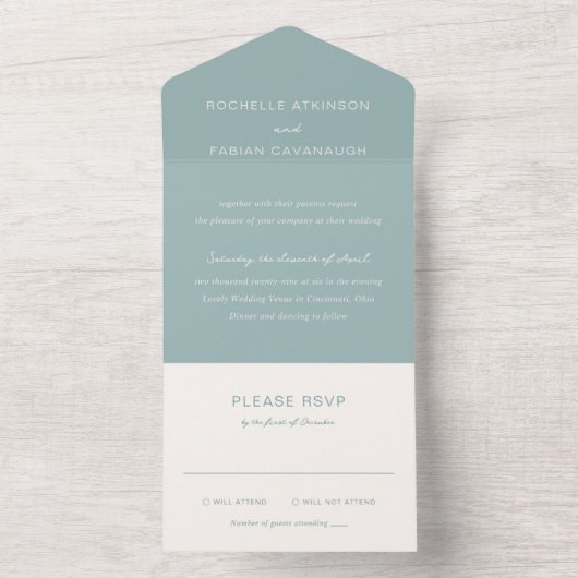 Invitation Tout En Un Mariage simple bleu muté élégant (À l'intérieur)