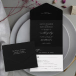 Invitation Tout En Un Mariage simple minimaliste noir et blanc élégant<br><div class="desc">Une typographie simple et minimaliste moderne tout en un invitation avec rsvp et menu d'entrée sceau mariage et envoyer un modèle d'invitation sombre avec un script de calligraphie chic tendance.                   Facile à personnaliser avec vos détails ! L'invitation convient aux mariages neutres classiques.</div>