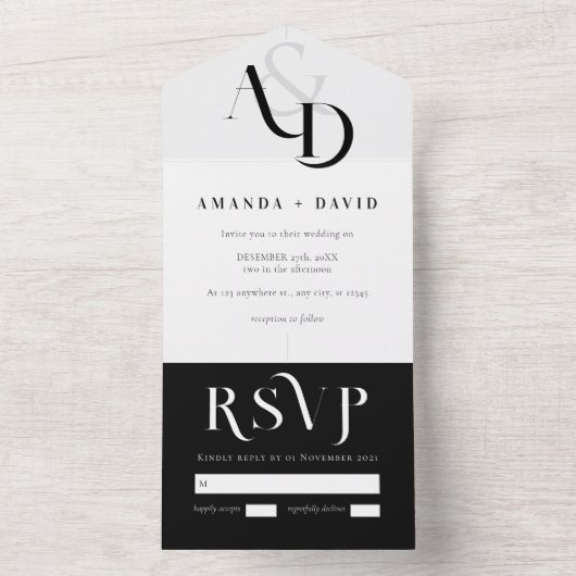 Invitation Tout En Un Mariage simple noir et blanc minimal (À l'intérieur)