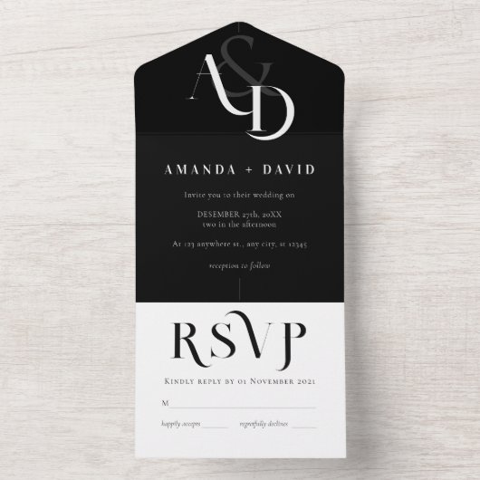 Invitation Tout En Un Mariage simple noir et blanc minimal (À l'intérieur)