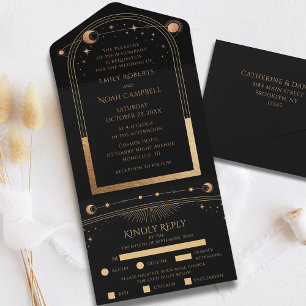 Invitation Tout En Un Mariage Soleil Lune Étoiles Or Noir Céleste