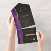 Invitation Tout En Un Mariage sombre violet agate or script (Déchirure)