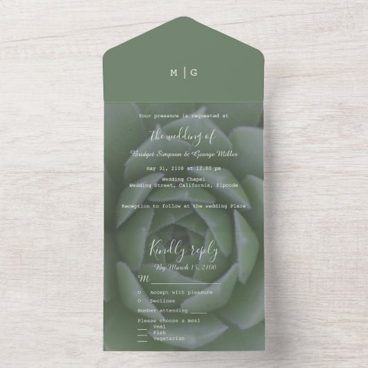 Invitation Tout En Un mariage succulent de monogramme vert sauge (À l'intérieur)