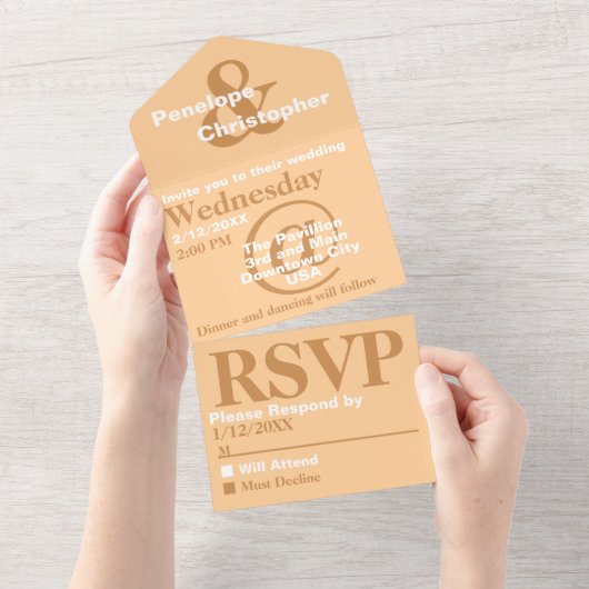 Invitation Tout En Un Mariage Symboles Modernes Pêche Pâle Typographie  (Déchirure)