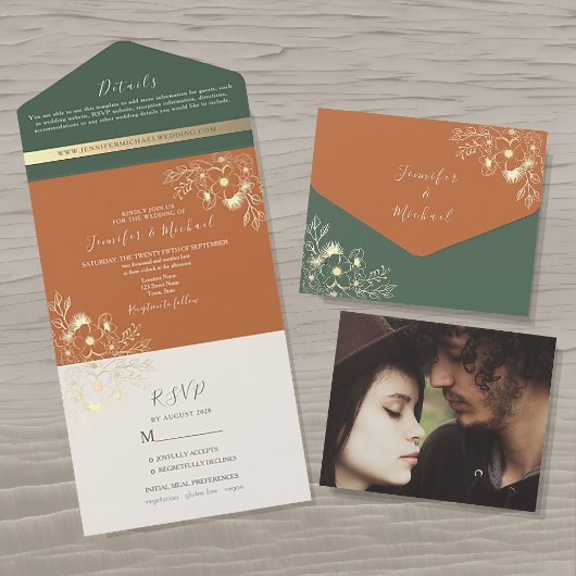 Invitation Tout En Un Mariage Terre Cuite et Vert Olive