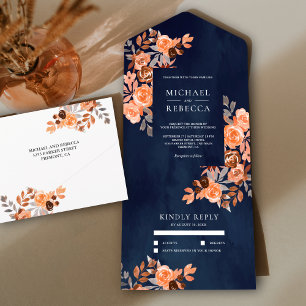 Invitation Tout En Un Mariage Terreux Rustique Terracotta Floral Bleu Nu