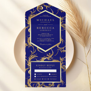 Invitation Tout En Un Mariage Tourbillon de Feuille D'or Bleu Royal