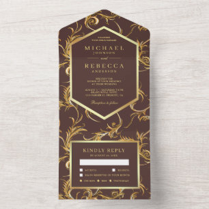 Invitation Tout En Un Mariage Tourbillon de feuille d'or marron espresso