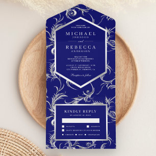 Invitation Tout En Un Mariage Tourbillon Feuille D'argent Bleu Royal