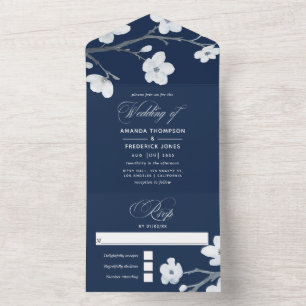 Invitation Tout En Un Mariage tout compris bleu marine et fleurs de ceri