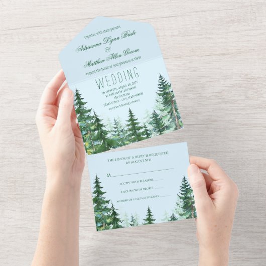 Invitation Tout En Un Mariage Tout en Un Sapin Vert Bleu (Déchirure)
