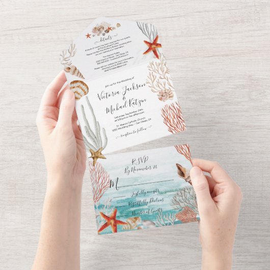 Invitation Tout En Un Mariage Tropical Ocean Seashell et Coral Beach (Déchirure)