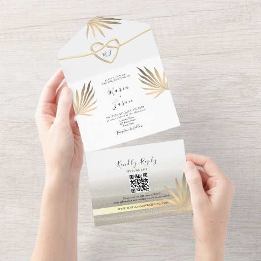 Invitation Tout En Un Mariage Tropical Palm Tree Gold Beach (Déchirure)