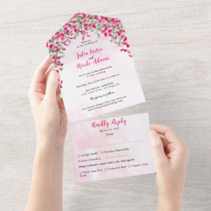Invitation Tout En Un Mariage tropical sous les bougainvillées roses
