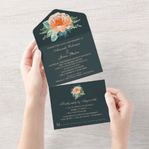 Invitation Tout En Un Mariage Turquoise à l'aquarelle Peach Floral