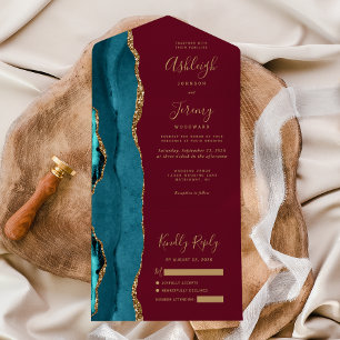 Invitation Tout En Un Mariage Turquoise Agate Or Bourgogne