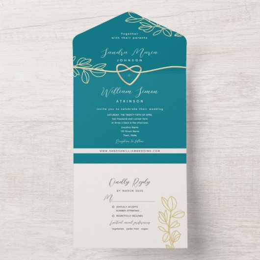 Invitation Tout En Un Mariage Turquoise Boho (À l'intérieur)