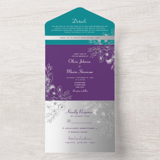 Invitation Tout En Un Mariage Turquoise d'argent violet (À l'intérieur)