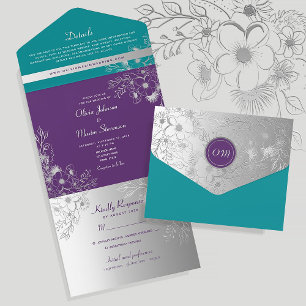 Invitation Tout En Un Mariage Turquoise d'argent violet