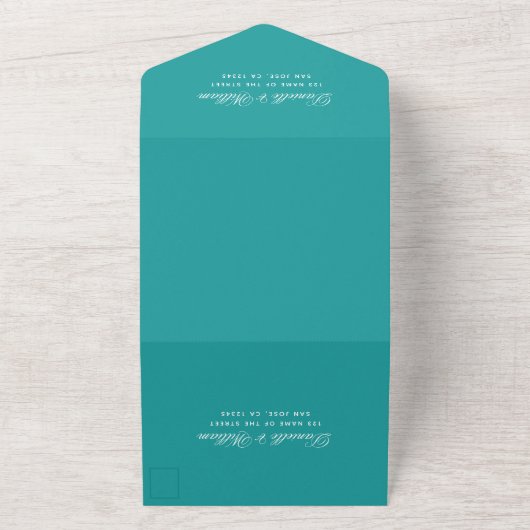 Invitation Tout En Un Mariage turquoise Élégant Script Calligraphie Bleu (Dehors)