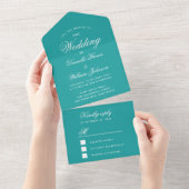 Invitation Tout En Un Mariage turquoise Élégant Script Calligraphie Bleu (Déchirure)