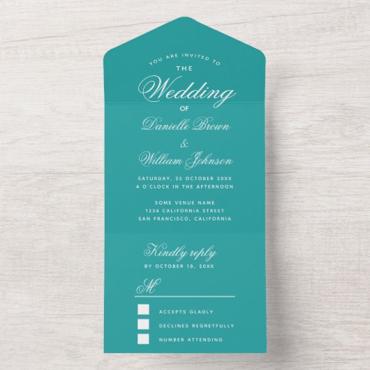 Invitation Tout En Un Mariage turquoise Élégant Script Calligraphie Bleu (À l'intérieur)