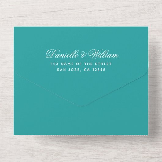 Invitation Tout En Un Mariage turquoise Élégant Script Calligraphie Bleu (Verso)