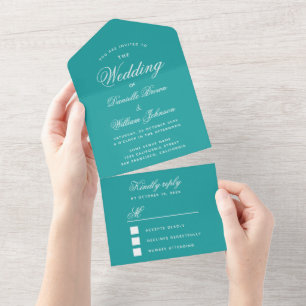 Invitation Tout En Un Mariage turquoise Élégant Script Calligraphie Bleu