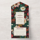 Invitation Tout En Un Mariage Turquoise floral peint bleu foncé bordeaux (À l'intérieur)