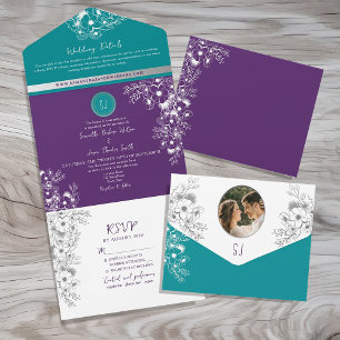 Invitation Tout En Un Mariage Turquoise, Sarcelle et Violet