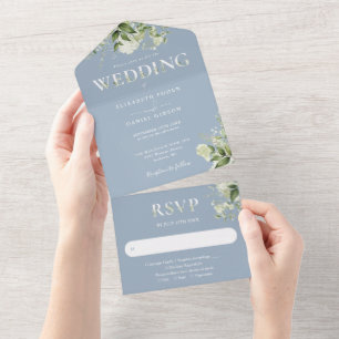 Invitation Tout En Un Mariage Typographie de Verdure Rustique Bleu Pouss