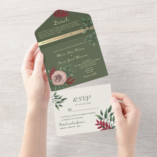 Invitation Tout En Un Mariage végétal vert olive (Déchirure)