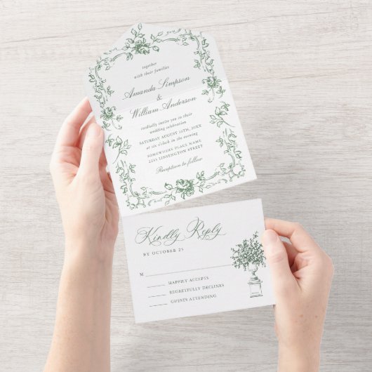 Invitation Tout En Un Mariage vert de la saison florale de la Renaissanc (Déchirure)