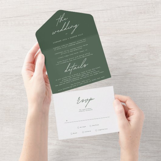 Invitation Tout En Un Mariage vert de mousse foncée simple (Déchirure)