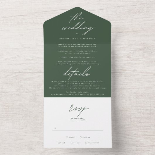 Invitation Tout En Un Mariage vert de mousse foncée simple (À l'intérieur)