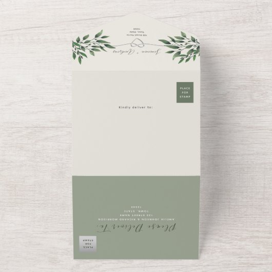 Invitation Tout En Un Mariage vert d'olive botanique rustique (Dehors)