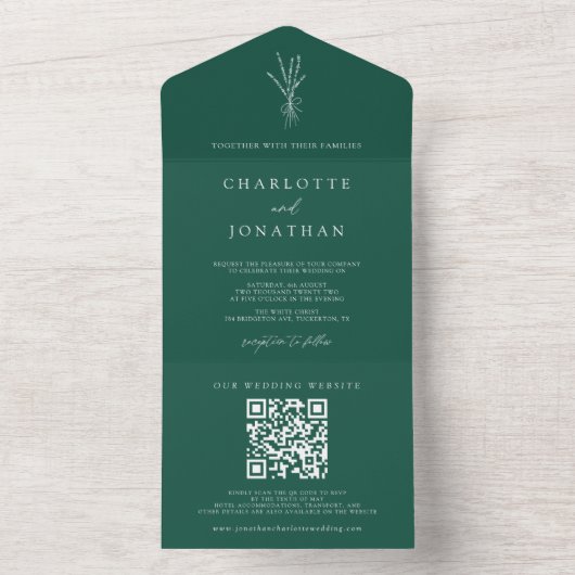 Invitation Tout En Un Mariage vert émeraude botanique simple (À l'intérieur)